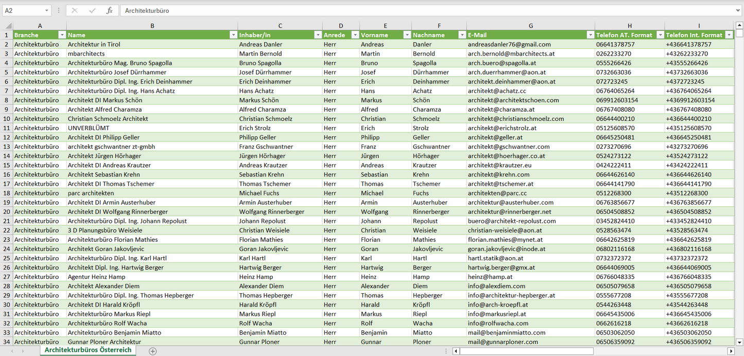 Vorschau der Liste mit den Architekturbüro Adressen