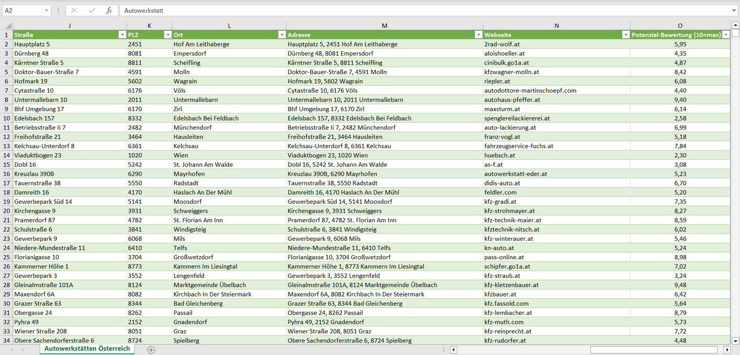 Weitere Vorschau der Liste mit den Autowerkstatt Adressen