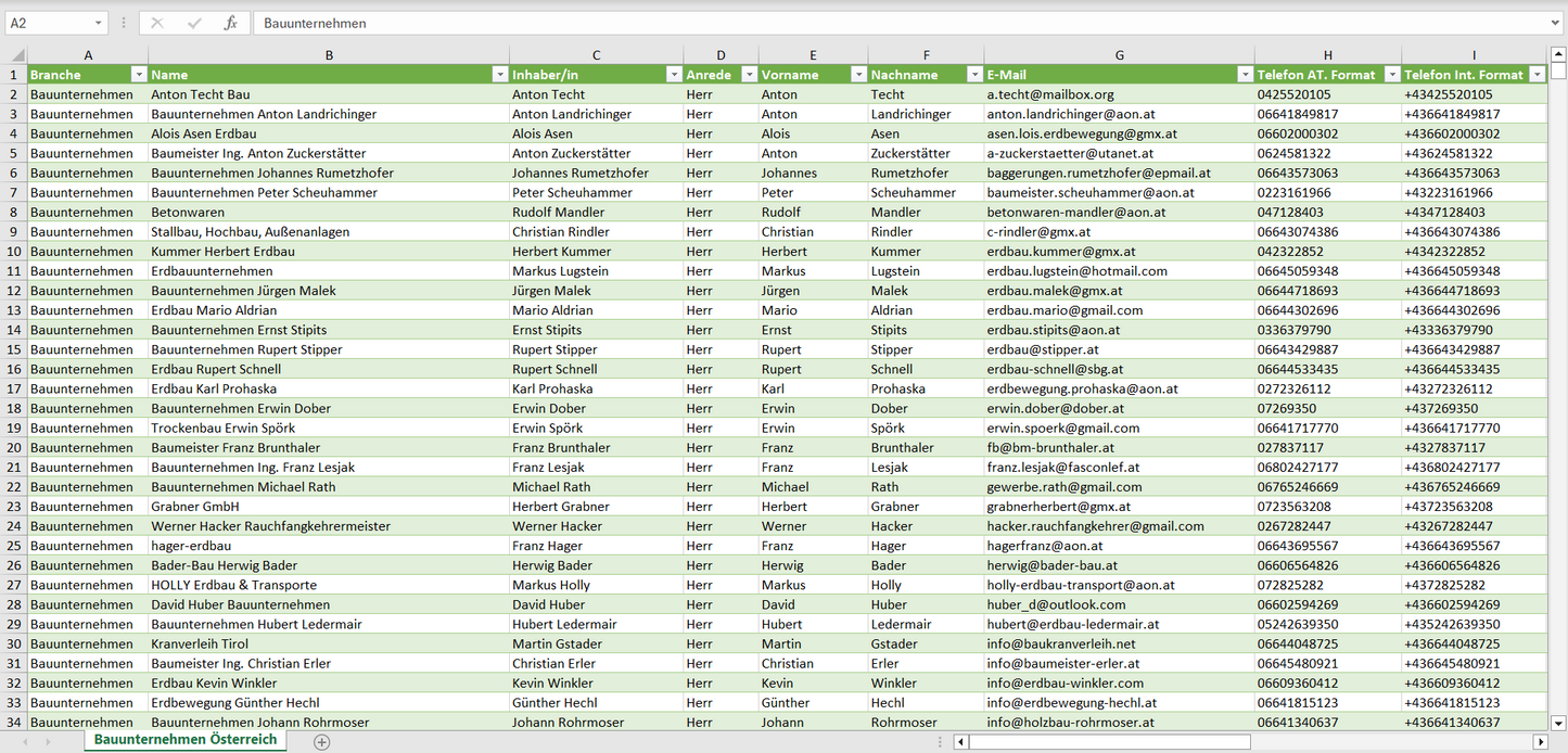 Vorschau der Liste mit den Bauunternehmen Adressen
