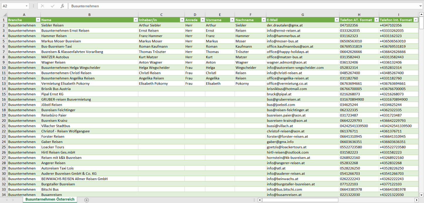 Vorschau der Liste mit den Adressen der Busunternehmen