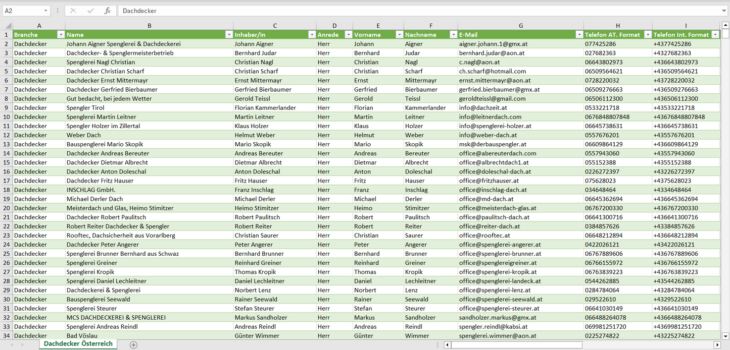 Vorschau der Liste mit den Dachdecker Adressen