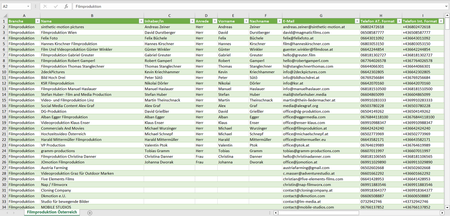 Vorschau der Liste mit den Adressen der Filmproduktionen