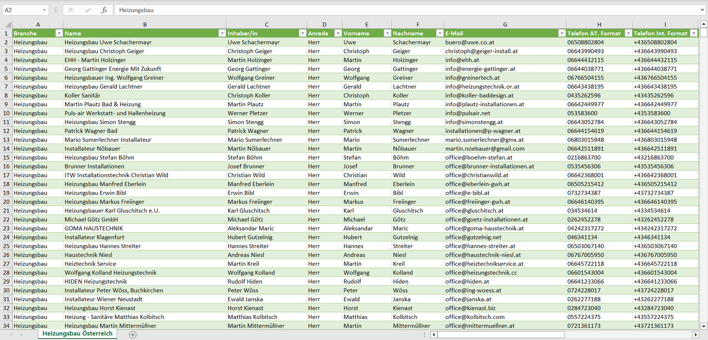 Vorschau der Liste mit den Heizungsbau Adressen