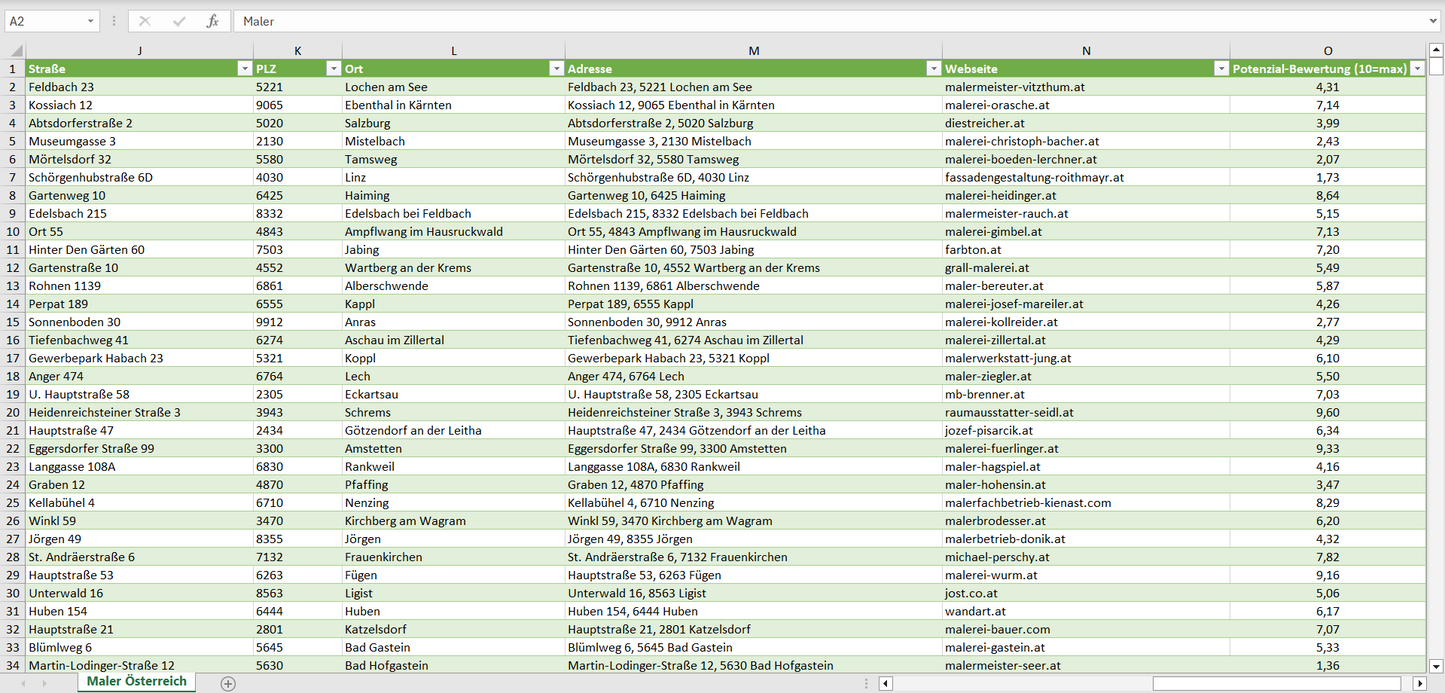 Weitere Vorschau der Liste mit den Maler-Adressen