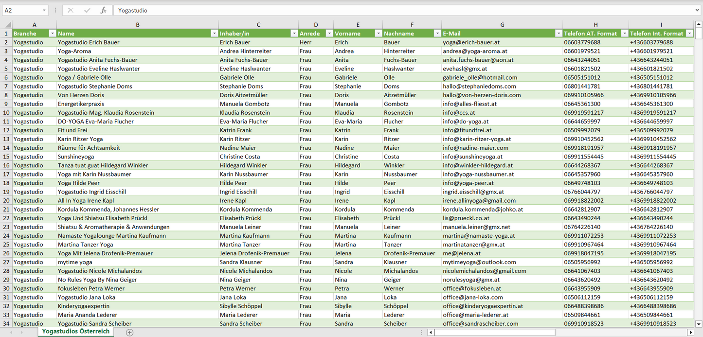 Vorschau der Liste mit den Yogastudio Adressen