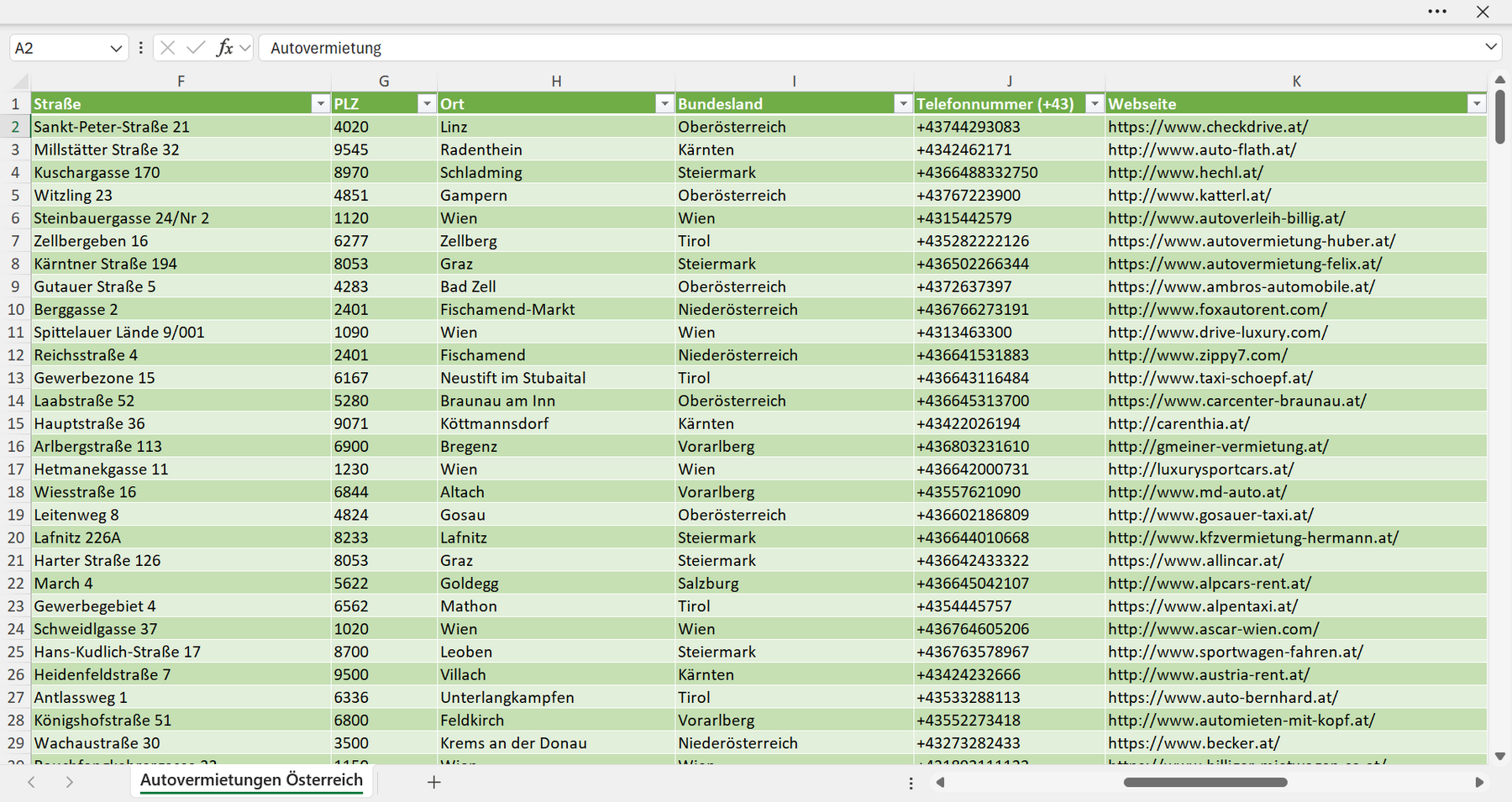 Weitere Vorschau der Liste mit den Autovermietungen Adressen