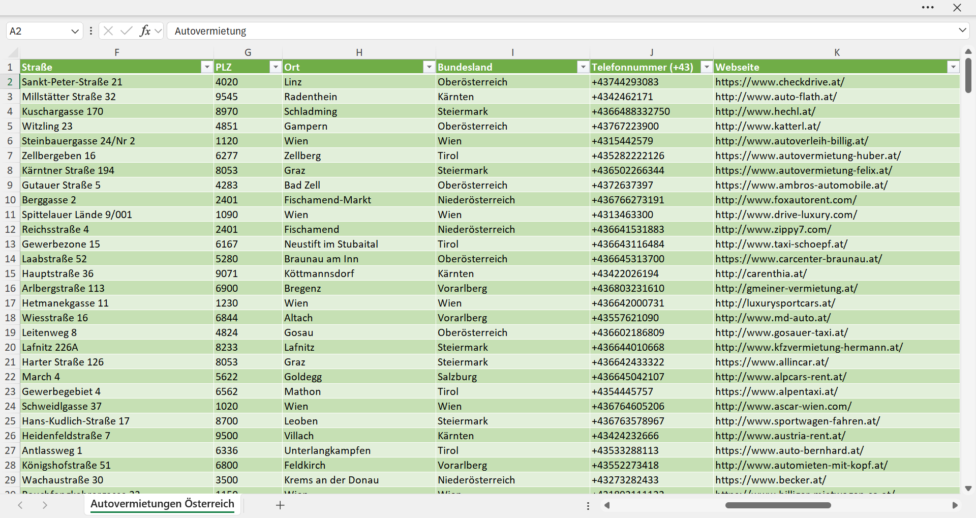 Weitere Vorschau der Liste mit den Autovermietungen Adressen