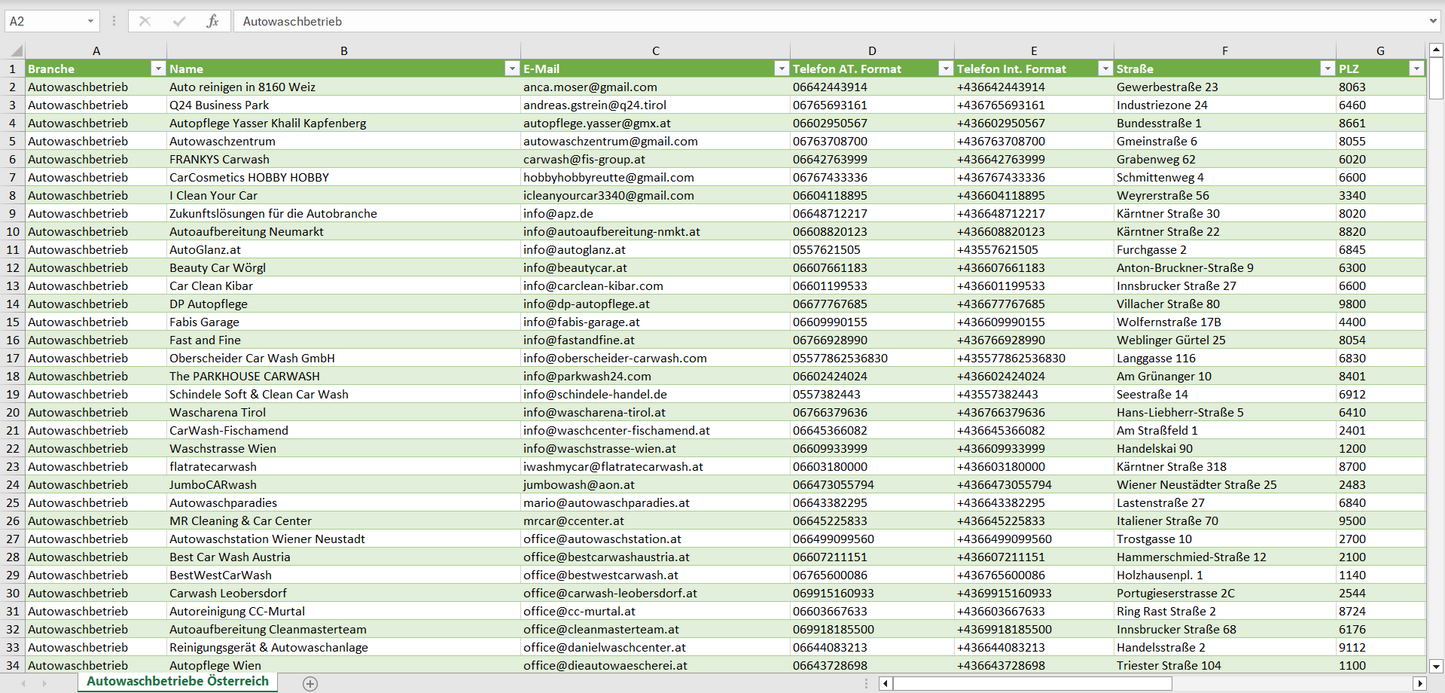 Vorschau der Liste mit den Adressen der Autowaschbetriebe