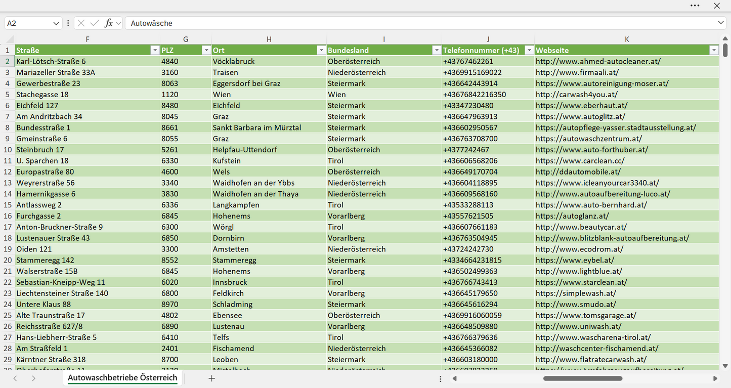 Weitere Vorschau der Liste mit den Adressen der Autowaschbetriebe