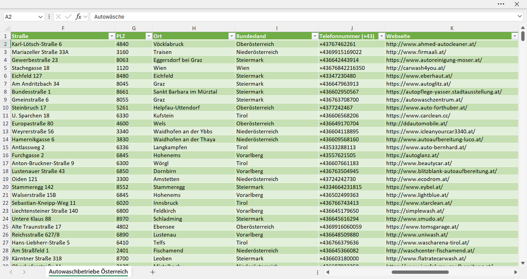 Weitere Vorschau der Liste mit den Adressen der Autowaschbetriebe