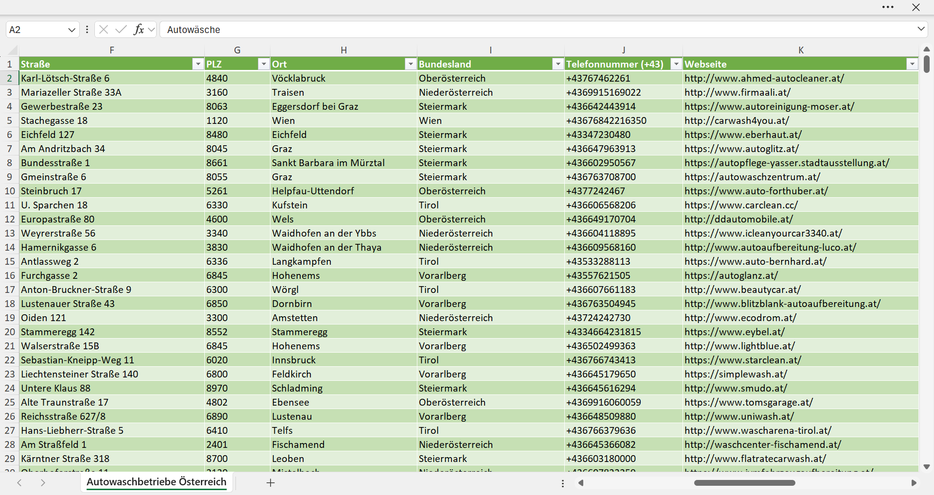 Weitere Vorschau der Liste mit den Adressen der Autowaschbetriebe