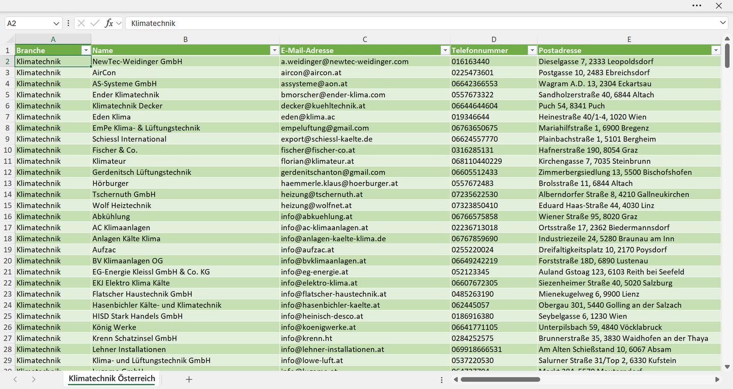 Vorschau der Liste mit den Klimatechnik Adressen