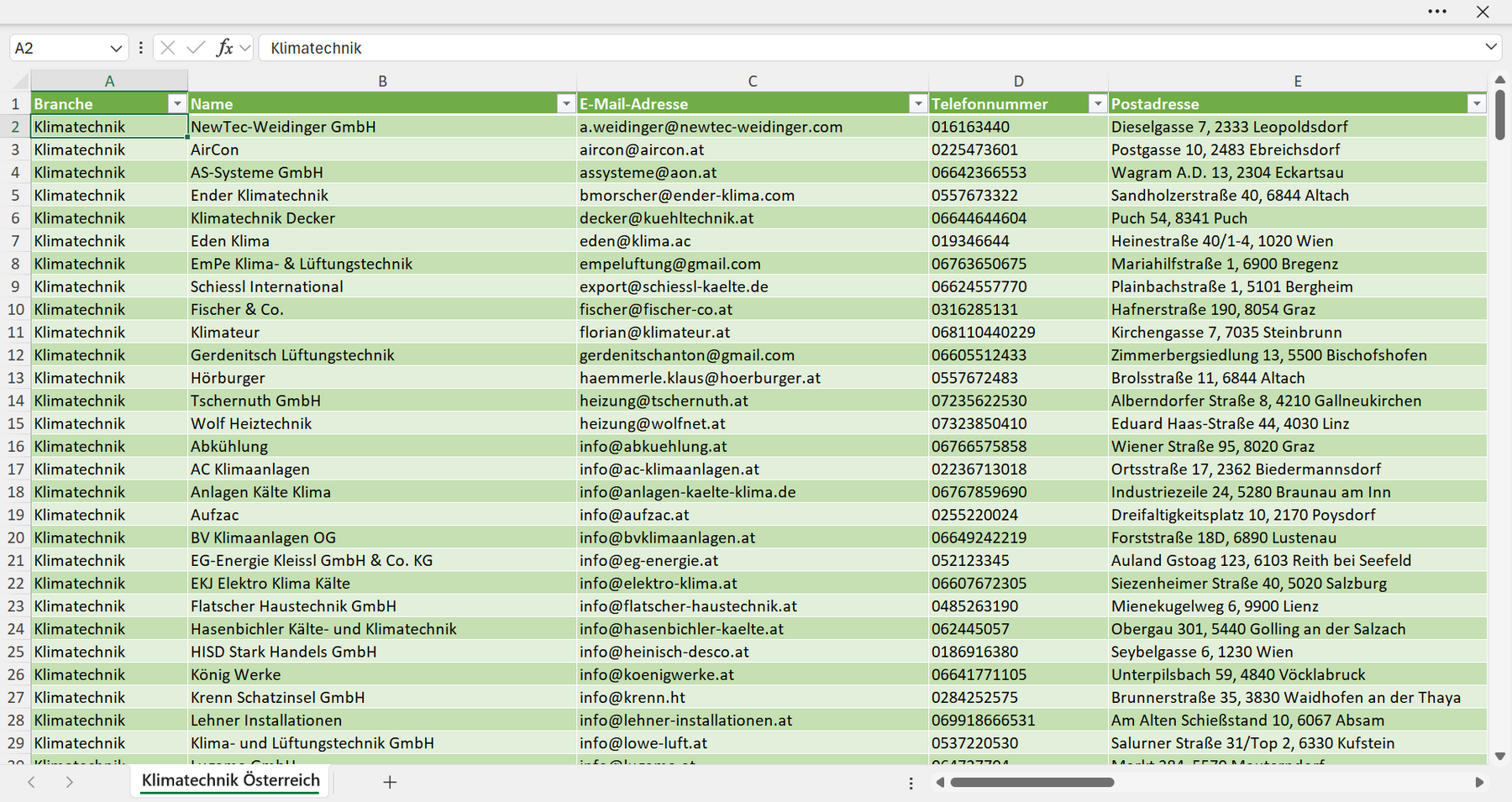 Vorschau der Liste mit den Klimatechnik Adressen