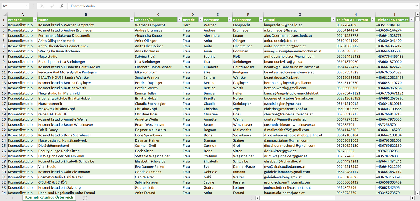 Vorschau der Liste mit den Kosmetikstudio Adressen