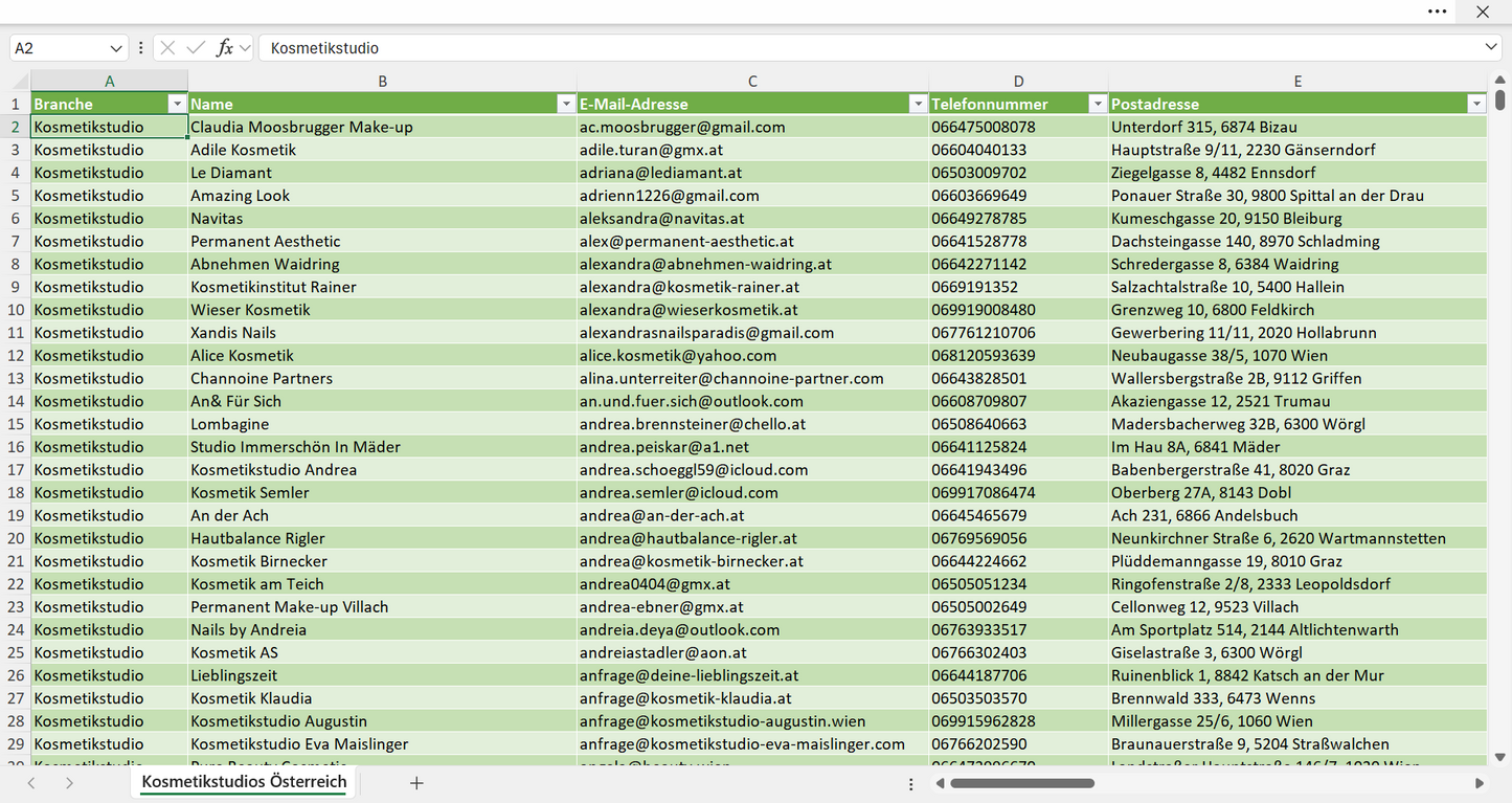 Vorschau der Liste mit den Kosmetikstudio Adressen