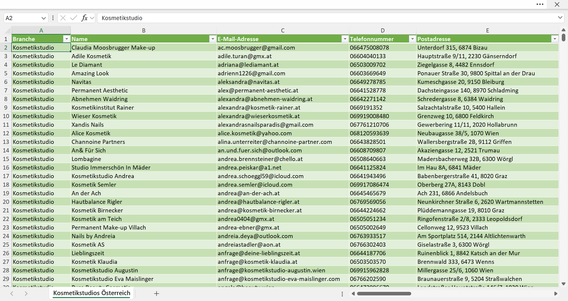 Vorschau der Liste mit den Kosmetikstudio Adressen