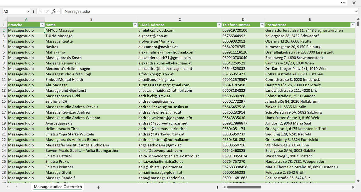 Vorschau der Liste mit den Massagestudio Adressen