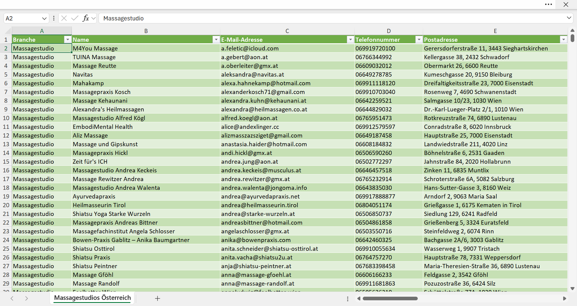 Vorschau der Liste mit den Massagestudio Adressen