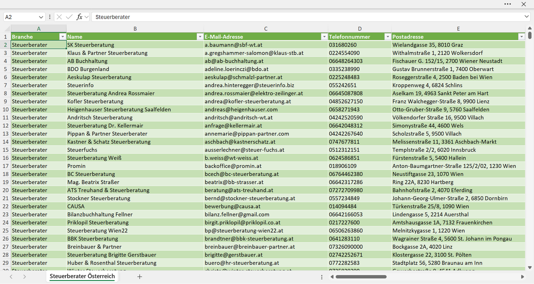 Vorschau der Liste mit den Adressen der Steuerberatungen