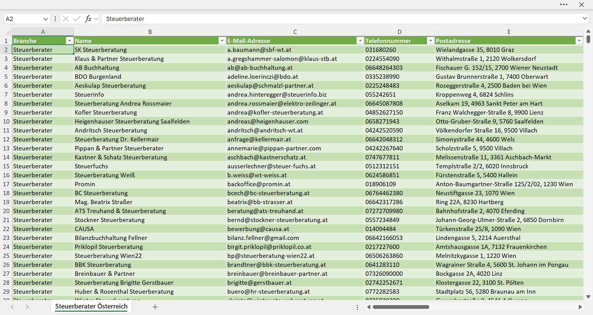 Vorschau der Liste mit den Adressen der Steuerberatungen