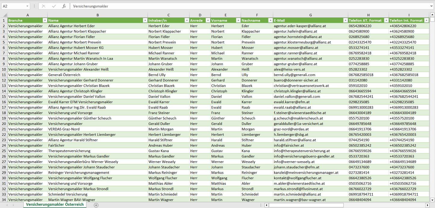 Vorschau der Liste mit den Versicherungsmakler Adressen