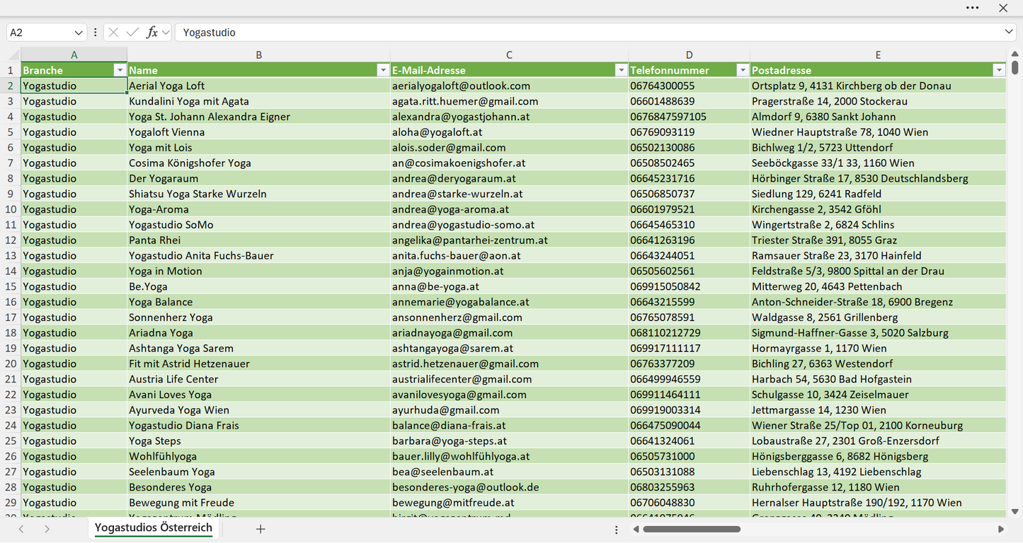 Vorschau der Liste mit den Yogastudio Adressen