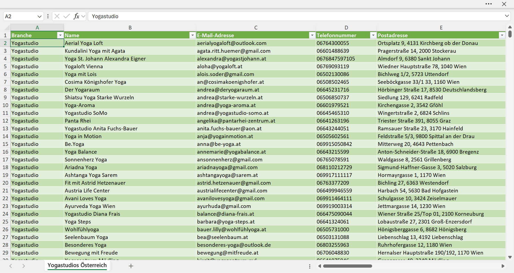 Vorschau der Liste mit den Yogastudio Adressen