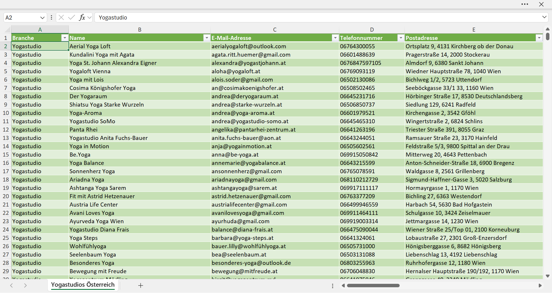 Vorschau der Liste mit den Yogastudio Adressen